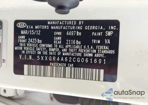 2012 Kia Optima Sx z USA, uszkodzony, nr VIN 5XXGR4A62CG061691